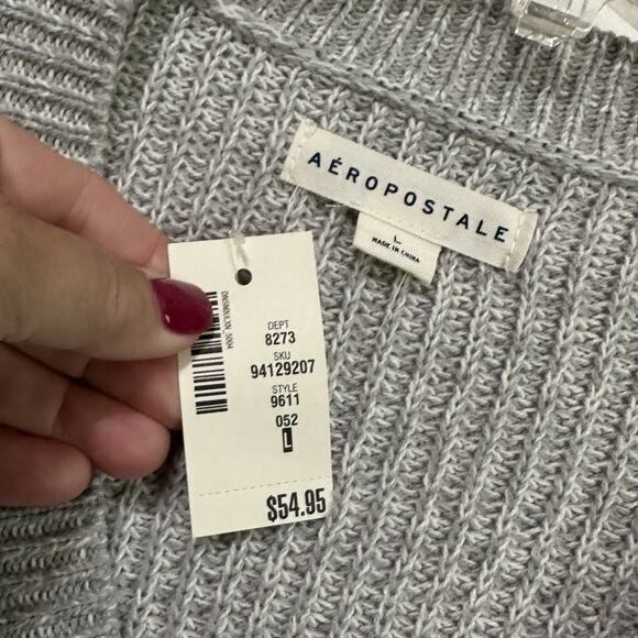 Aeropostale V Neck Sweater L Grey Cropped Long Sleeve Chunky Knit Womens NEW - Picture 5 of 10